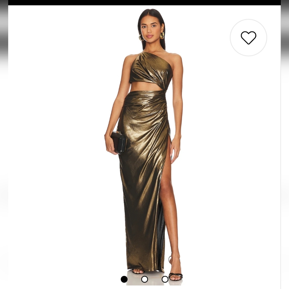 x Revolve one shoulder, cut out gown gold lame. The Sei.
